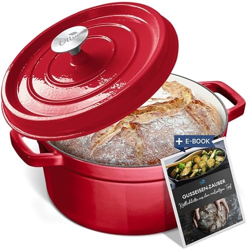 Ottia Gusseisen Topf, 28 cm, 6 Liter, Premium Emaille, Schmortopf Bräter mit Deckel, Gusseisentopf, Dutch Oven, Brotbackform, Brotbacktopf, alle Herdarten (auch Induktion), ofenfest, Händler aus HH