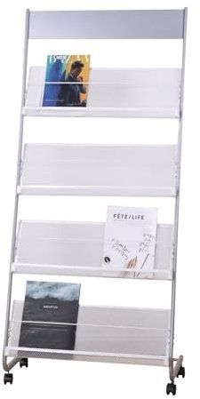 Whemyreat Weiß Prospektständer, 4-lagiger flyerständer mit Rädern, a4 Broschürenständer Stahl, zeitschriftenständer Freistehender Dokumenten, Zeitschriften-Organizer Zeitungsständer (Weiß)