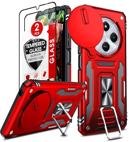 LeYi Handyhülle für Xiaomi Redmi 14C 4G Hülle [2 Schutzfolie Panzerfolie] Military Fallschutz Kamera Schutz Case mit Halterung Schutzhülle Outdoor Stoßfest Cover Redmi 14 C 4 G Handy Hüllen Rot