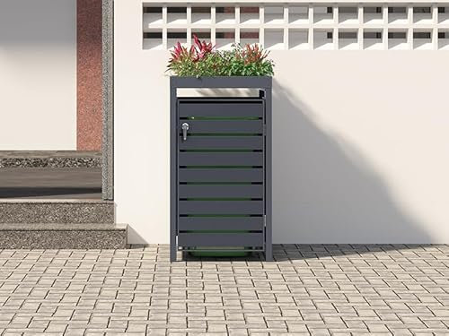 Single Wheelie Bin Steel Storage with Planter Roof - Anthracite Outdoor Trash Can Storage - Size 80D x 68W x 124H Centimetres