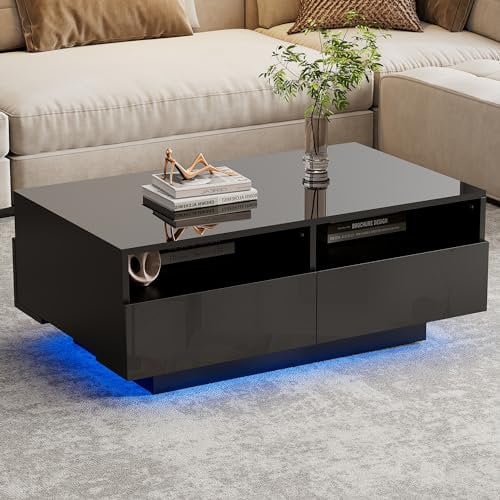LED Hochglanz Couchtisch mit 4 Schubladen, Wohnzimmertisch mit 16 Farben LED-Beleuchtung, USB-Anschluss, Fernbedienung, Sofatisch mit Stauraum für Wohnzimmer Schlafzimmer, Modernes Design,Schwarz