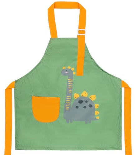 FenFang Delantal para Niños, Delantal Pintura Infantil, Delantales Cocina Impermeable, Delantales de Chef Artista para Pintar Hornear Jardín Fiesta Navidad Regalo para 2-12 Años (Dinosaurio Verde, S)