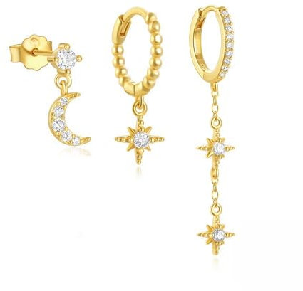 Guyode 3 Pièces Boucles D'oreilles Femmes - Motif Lune et Etoiles en Zirconium, 3 Trous Hypoallergénique Clou