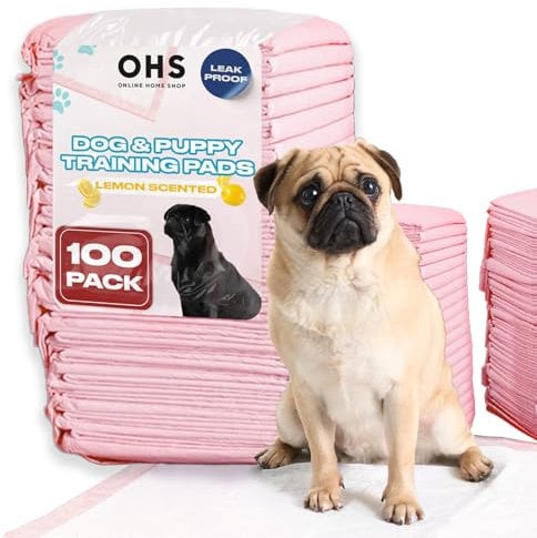 OHS Puppy Training Pads 100 Pack, Leakproof Super Absorbent LEMON Scented Quick Drying Dog Puppy Pads Layered Mats Non Slip Surface, Puppy Pee Pads Pink 60cm x 60cm