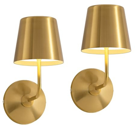 NEWSEE Wireless Wall Lights Set of 2, Small Battery LED Wall Sconces, 5000mAh Rechargeable with Touch Control, Dimmable & Waterproof, Metal Shade Lamp for Garden, Bedroom, Bathroom, Hallway (Gold)