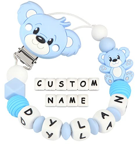 Yolnkos Clip Ciuccio con Nome Personalizzata Catenella Portaciuccio Teddy Orso Porta ciuccio(Azzurro)