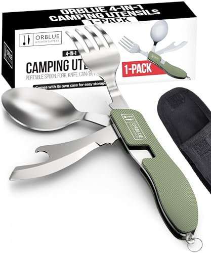 Orblue 4-in-1 Camping Utensils, 1-Pack, Portable Stainless Steel Spoon, Fork, Knife & Bottle Opener Combo Set - Travel, Backpacking Cutlery Multitool, Olive Green