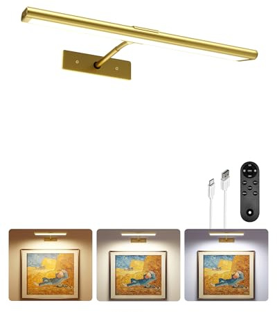 EZVALO Picture Light for Wall, 4800mAh Rechargeable Wireless Remote, 13in Dimmable Magnetic LED Art Display Light with 3 Color Temperatures, for Gallery, Living Room, Bedroom, Hallway (Gold)