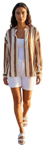 Roman Originals Shirt Top for Women UK Ladies Collarless Blouse Smart Tunic Button Through Longline Asymmetric Hem 3/4 Length Roll Up Sleeves V Neck Going Out - Size 10 - Brown