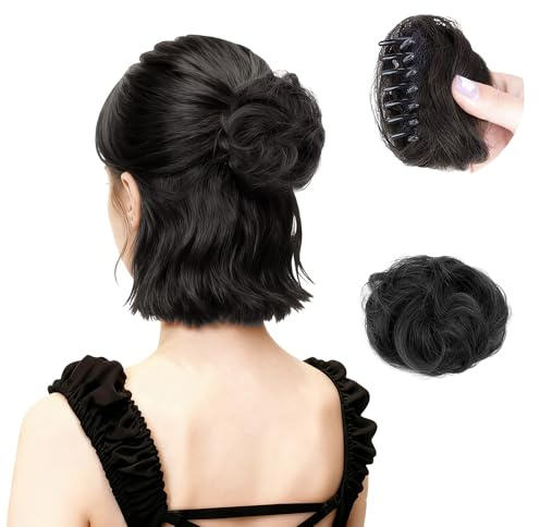 ZHAOCAI Haarteile Echthaar, Haarklammer Mit Haaren, Haarteil Mit Klammer,Haardutt, Dutt Haarteil für Damen (Natürliches Schwarz)