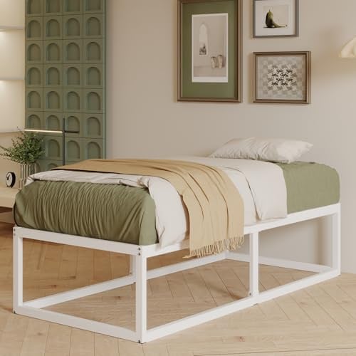 EMODA Single Bed Frame 90x190 cm with Sturdy Slats Support, White | 46 cm High Heavy Duty Metal Single Bed Frame, Large Underbed Storage, Noise Free, Easy Assembly