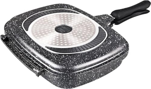 ROYAL SWISS Poêle grill double face 32 cm - Aluminium avec revêtement antiadhésif en marbre - Fermeture magnétique - Convient pour induction, gaz et électrique