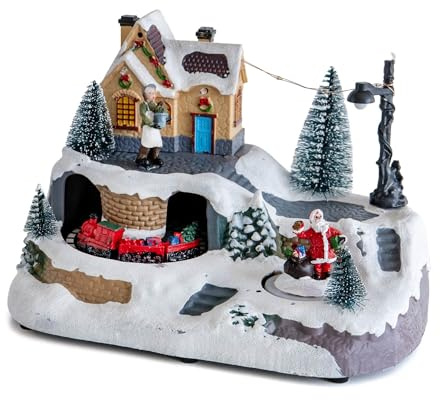 IlGruppone Villaggio di Natale con Trenino e Casa Illuminata Decorazione Natalizia da Tavolo con Luci LED e Movimento Funzionamento a Batterie (3xAA) 23 x 17 x 16 cm