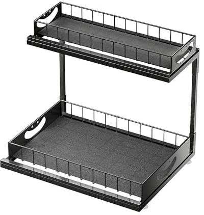 THCTYRP Organizador Bajo Fregadero 2 Niveles Metal Deslizable | Estante de almacenamiento debajo del fregadero, altura ajustable, para cocina y baño (Negro)