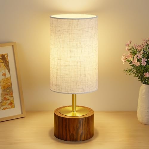 GyroVu Nachttischlampe, Kleine Tischlampe mit Kabelschalter, E27 Fassung | Holzoptik Sockel & leinenweißem Stoffschirm, Moderne Tischleuchte für Nachttisch, Schlafzimmer, Wohnzimmer(ohne Leuchtmittel)