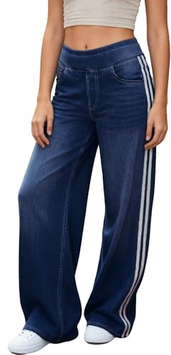 LaiEr Jean à Jambe Large pour Femme Design Unique à Blocs de Couleurs, Taille Haute avec Contention Abdominale, Coupe Droite et Ample.Denim en Pantalons à Haute élasticité