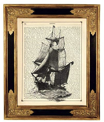 Segelschiff Boot Piraten Deko Poster Kunstdruck auf antiker Buchseite Geschenk Steampunk Reise Abenteuer ungerahmt