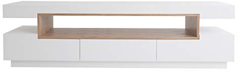 Miliboo Meuble TV Design Blanc laqué Brillant et Bois L200 cm LIVO