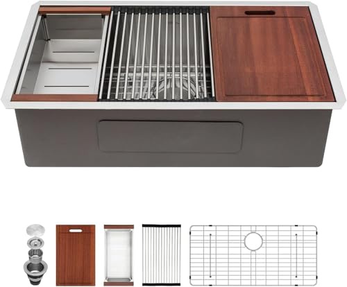 Sarlai Fregadero de cocina de acero inoxidable de 28 x 18 pulgadas, con estación de trabajo de repisa profunda de calibre 16 R10, radio estrecho, fregadero de cocina de acero inoxidable