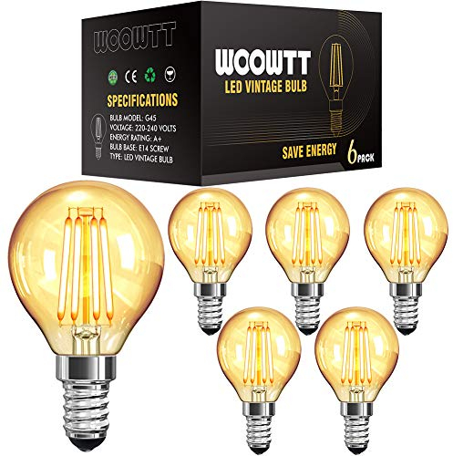 WOOWTT E14 Vintage Glühbirne, LED Edison Glühbirne, 4W LED Filament Retro Lampe Glühlampe, Antike Amber Warmweiß 2700K Globe G45, 220V, Nicht Dimmbar - 6 Stück