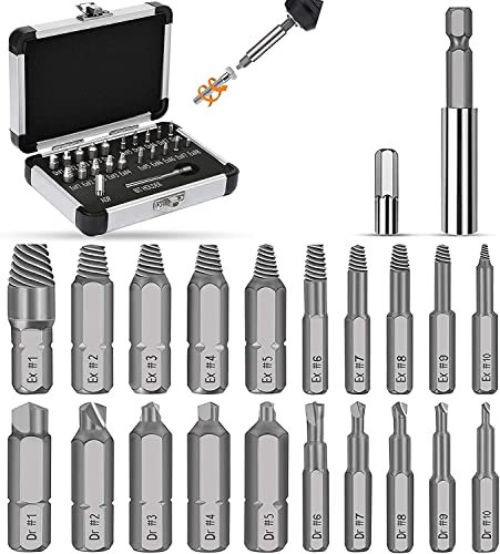 Jellas 22PCS Damaged Screw Extractor, Screw Remover with 64-65 HRC Hardness, Separate Burnishing and Magnetic Extension Bit Holder for Damaged Screws or Bolts 2-12mm SE22