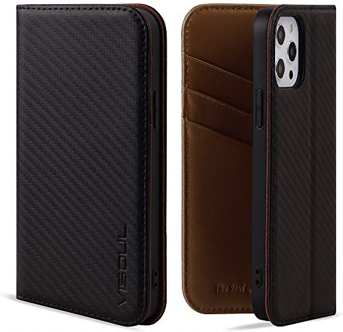 VISOUL Case for iPhone 12 Pro Max, Carbon Fiber Leather Magnetic Closure Book Stand Wallet Cover with Card Slots Shockproof For Flip Folio Protective iPhone 12 Pro Max 6.7 Coffee