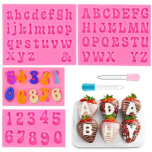 4 Stück Silikon Buchstaben Zahlen Form, Buchstaben und Zahlen Fondant Schokoladen Formen, Mit 2 Tropfern, DIY Weihnachten Kuchen Dekoration Molds, für Süßigkeiten, Schokolade, Eiswürfel (Rosa)
