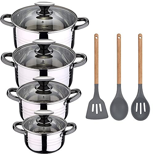 Bateria de cocina 8 piezas apta para induccion SAN IGNACIO Hita en acero inoxidable con set de 3 utensilios de cocina en silicona Daimiel