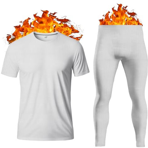 Thread Linens Men's Thermal Underwear Set Base Layer - Short Sleeve T-Shirt/Vest/Top and Long Johns For Men Ultra Soft Warm Underwear Man Body Warmer Size S-XXL (White, M)