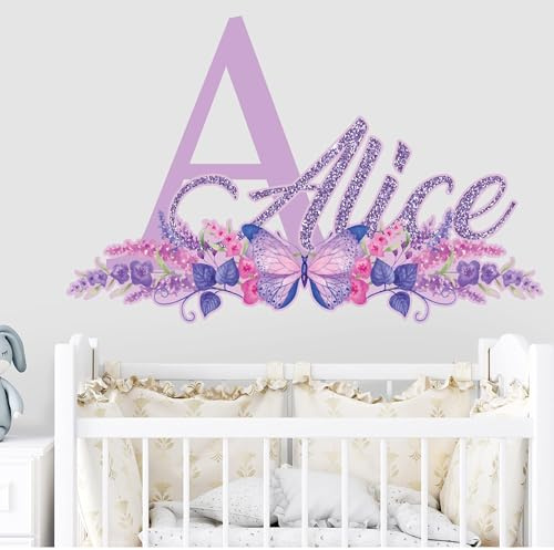 Glitzernder individueller Name Wandaufkleber für Mädchen – Blumen Schmetterling Wandaufkleber für Mädchen Schlafzimmer Dekor – Mädchenname Wandaufkleber Blumen personalisiertes Zimmer – Baby