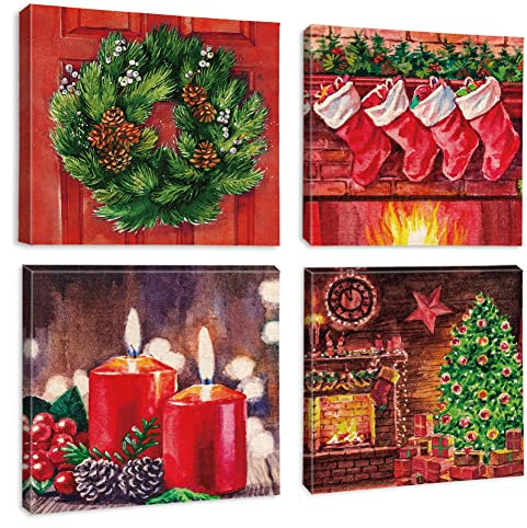 Artscope 4 Teilig Weihnachten Leinwandbilder mit Kranz Rote Socken Kerze Motiv Kunstdruck - Moderne Wandbild für Badezimmer Wohnzimmer Wanddekoration - 30 x 30 cm