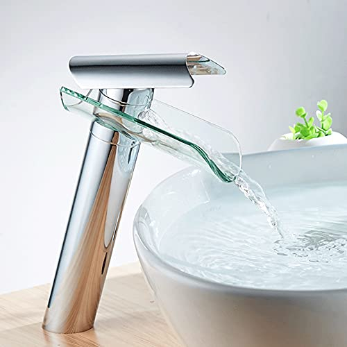 Glas Wasserhahn Waschtischarmatur Chrom Wasserfall Armatur Badezimmer mit Glasauslauf Messing, Einzelhahn Waschtisch Mischbatterie Set, Küche Bad Waschbeckenarmatur Einhebelmischer