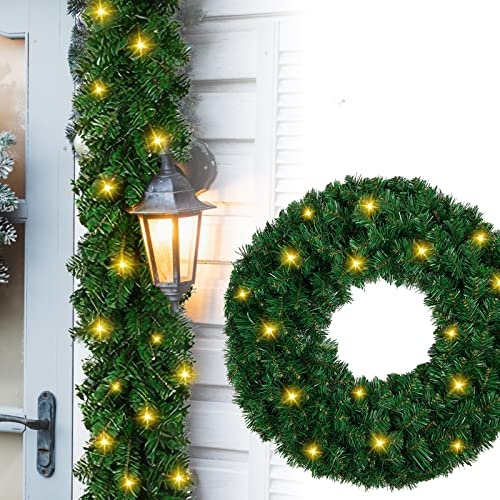 Cecaylie Weihnachtsgirlande 5M, Tannengirlande grün mit Beleuchtung 100 LEDs, für Inneneinrichtung Kamin Treppe Wand Tür Draußen, Tannengirlande Künstlich, Warmweiß