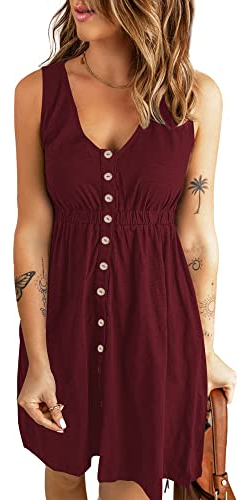AUSELILY Sommerkleid Damen Casual Button Down Mini Kleid Cute V Neck Strandkleid mit Taschen Weinrot L
