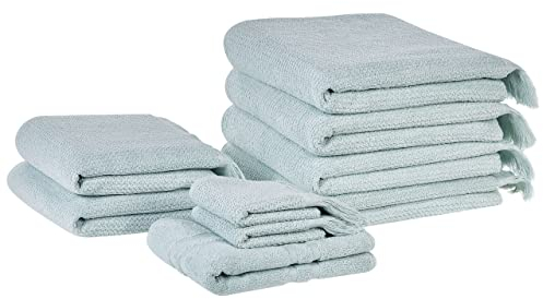 Luxus Handtuch Set mit Badematte Baumwolle grün 9-teilig Fransen Modern Atiu