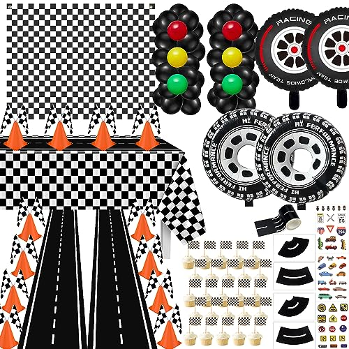 LSJDEER 12 Traffic Cones With Holes, 24 Checkered Flags, Checkered Race Car Party Tablecloth, Wheel Tire Balloons, Racetrack Floor Running Mat for Car Racing Party
