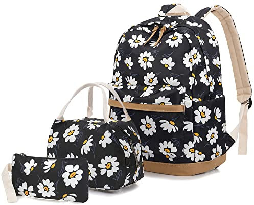Flowers Backpack Kids School Bag 3-in-1 Bookbag Set, Junlion Laptop Backpack Lunch Bag Pencil Case Gift for Teen Girls Womens Daisy Black