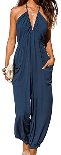CUPSHE Damen Jumpsuit mit tiefem Neckholder, ärmellos, plissiert, lang, Strick, Jogger, Maxi-Overall mit Taschen, Marineblau, M