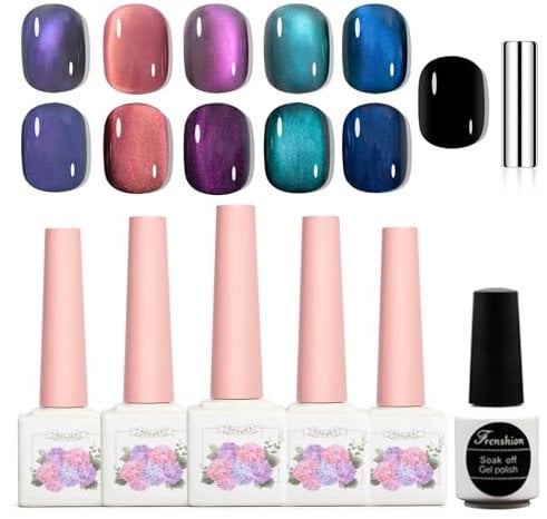 5Pcs 12ML Adhere Cat Eye Soak Off UV LED Gel Nail Polish Set,Water Light Sensation Colorful Light Ultrafine Magnetic Powder Blue Green Cat Eye with Magnet+ 7.3ML Black Color Gel Polish