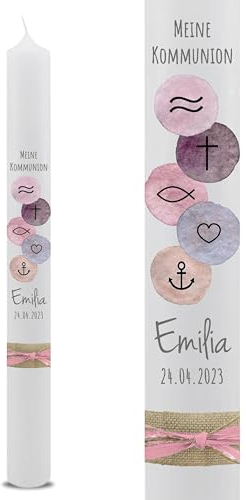 VILLA ROSA LOTTA Bougie de communion, de baptême « Emilia » personnalisable avec dates au choix et dos | symboles chrétiens | 40 cm x 4 cm | pour garçons et filles | Bougie d'autel ivoire