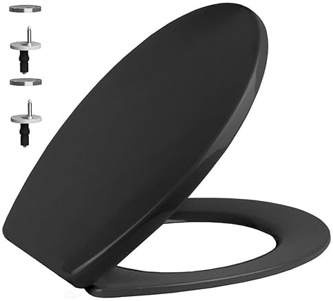 Soft Close Toilet Seat Standard Size Loo Seat Quick Release for Easy Cleaning and Adjustable Hinges O Shape Lid Cover Easy Installation with Top & Bottom Fixing Black PP
