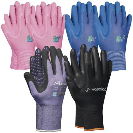 Arbeitshandschuhe Kinder 5-8 Jahre - Kinder Gartenhandschuhe 2x Pink und 2x Blau + 1x Multiflex Handschuhe Damen Größe 8