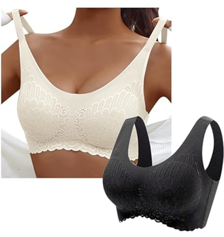 Sunnyuk 2er Pack BH Damen Ohne Bügel Push Up Seamless Komfort Sport BH Gepolstert Spitzen Bra Weich Nahtlos Stretch Bustier Mittel Halt Bügelloser Schlaf BH Klassische Top für Alltag Yoga Damen