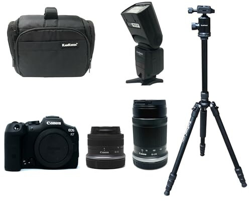 KamKorda Camera Bag + Flash + Tripod + R7 Mirrorless Camera + RF-S 18-45mm + RF-S 55-210mm STM lens, 32.5MP APS-C CMOS Sensor, 4K60 10-Bit Video + 2 Year Warranty