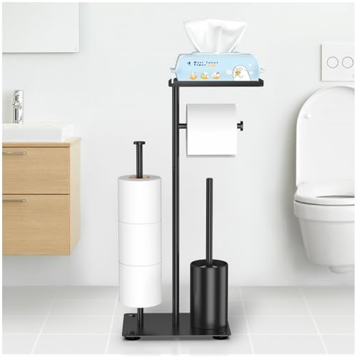 Porte Papier Toilette en Acier Inoxydable Sur Pied - Support avec Brosse WC et 5 Rouleaux de Rechange - Installation Sans Perçage