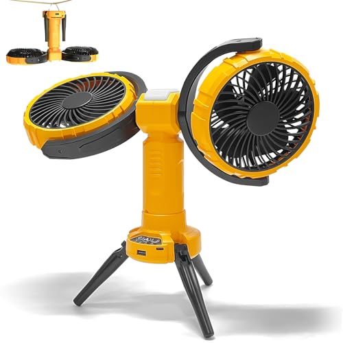 Civikyle Ventilateur de camping à double tête avec lampe de camping LED, batterie rechargeable par USB, oscillant, ventilateur de table, tente, accessoire de camping