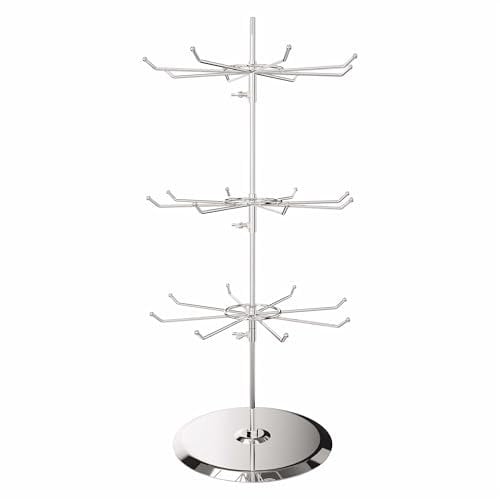 Aigentlich Hakenständer mit 3 Rondellen, Drehständer D27 x H55,5 cm, Rundständer drehbar mit höhenverstellbaren Hakenrondellen, Tischständer für Schmuck u. Accessoires, Schmuckständer Metall verchromt