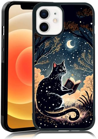 MMYAJT Black Whimsical Cat Phone Case Compatible with iPhone 12 Mini — Moon Cat iPhone Case Shockproof Cute Black Cat Phone Cover Gift for Boy Girl Men Women