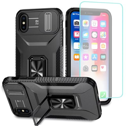 Wanyuexes Hülle für iPhone XS Max mit Schutzfolie, Kameraschutz Kartenschlitz, 360° Metall Ring Ständer Stoßfest Handyhülle für Apple iPhone XS Max schwarz
