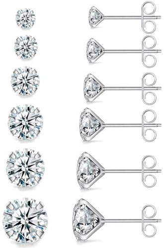 6 Paare Ohrringe Set, 316L Chirurgenstahl Ohrringe für Damen Herren Mädchen, Kubischer Zirkonia Ohrstecker Set, Hypoallergen Ohrstecker Silber, 3-8mm